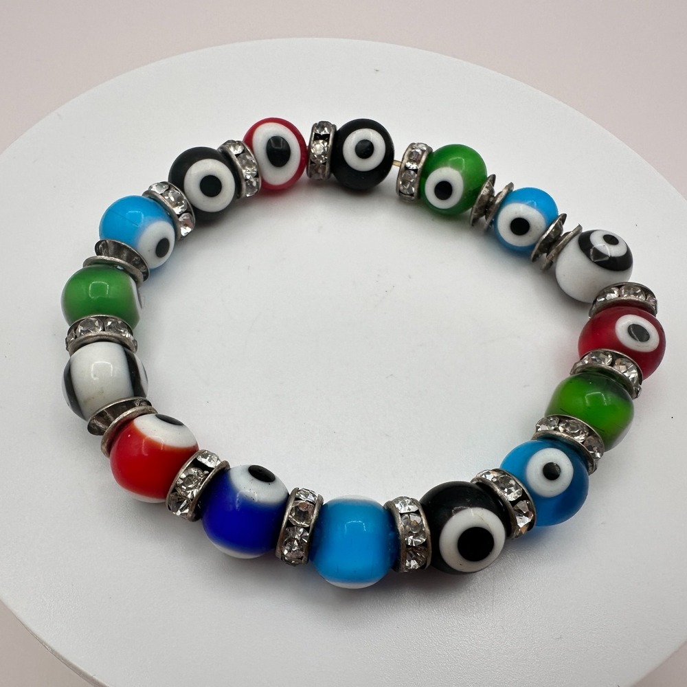 Vintage 90s Evil Eye Glass Bead Stretch Bracelet Rhinestones Accents Jewelry